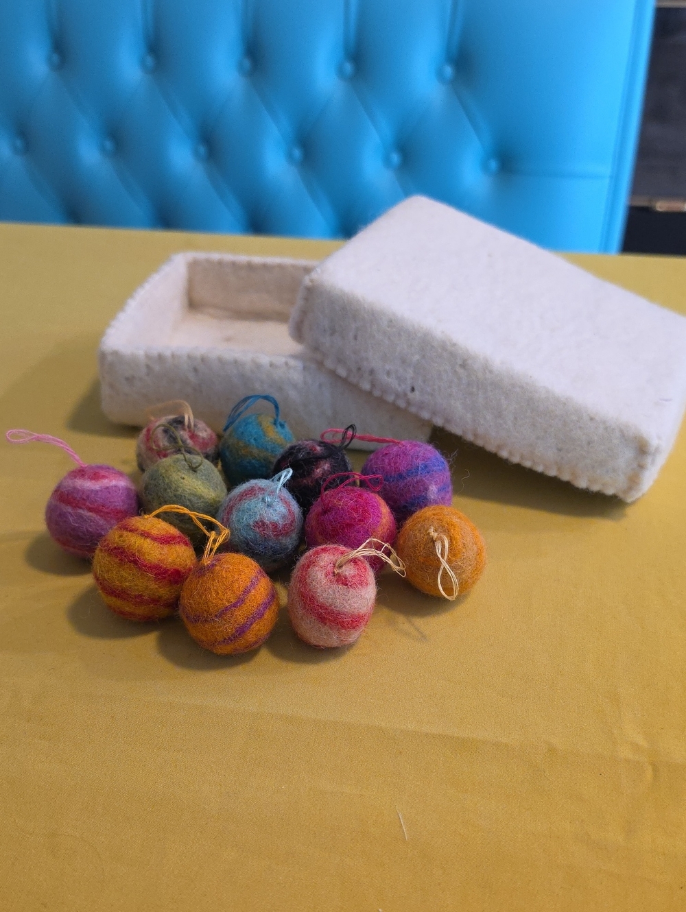 12 Handcrafted Felted Wool Hanging Ornaments & Wool Box (Use For Any Occassion!)